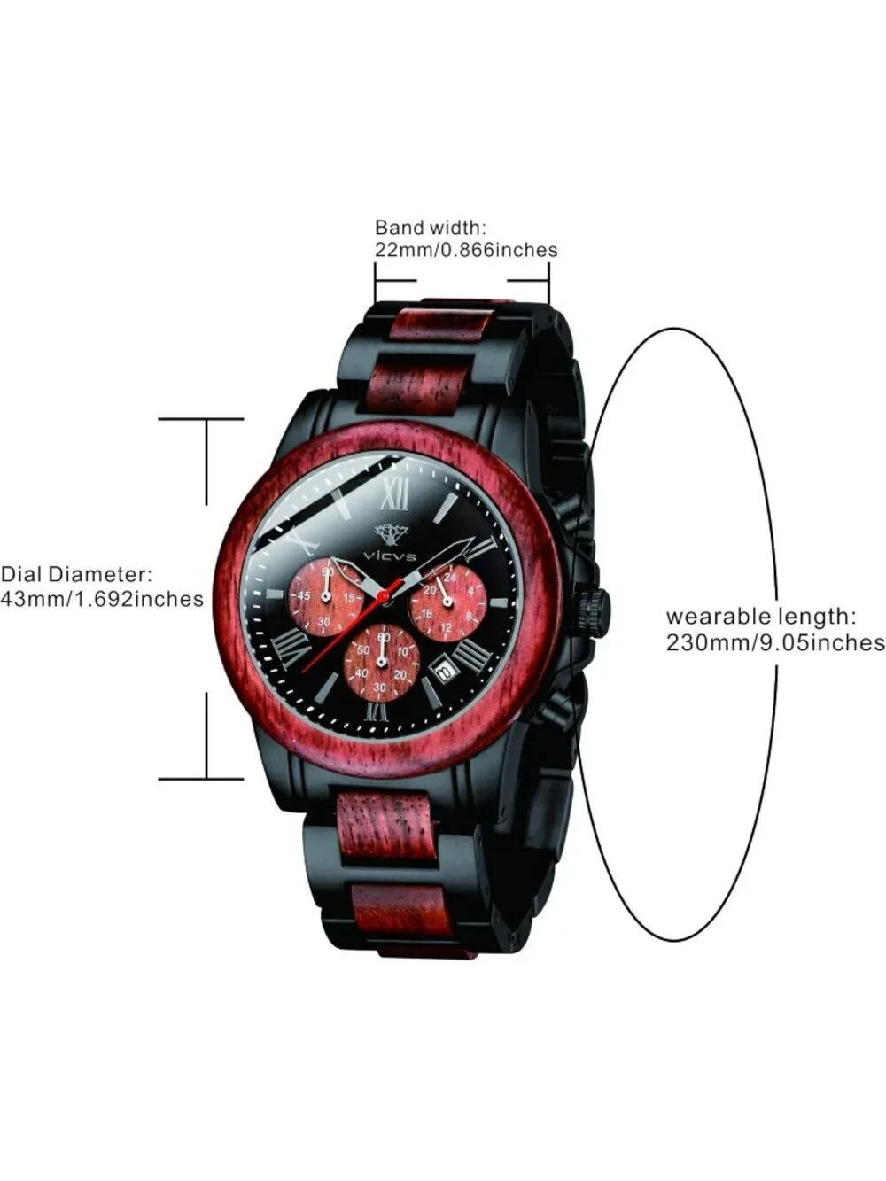 Men's Black Red Stainless Steel Chronograph Solid Multifunctional Wooden Watch